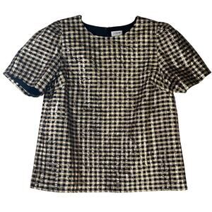 J.Crew Black Gold Plaid Metallic Lined Short Sleeve Crewneck Top Size S
